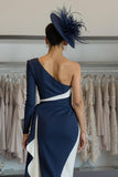 One Shoulder White Navy Bodycon Mother Of The Bride Dress With Sash