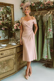 Dusty Rose Off The Shoulder Sheath Midi Mother Of The Bride Dress