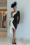 Black and White One Shoulder Bodycon Mini Dress With Bow