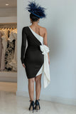Black and White One Shoulder Bodycon Mini Dress With Bow