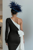 Black and White One Shoulder Bodycon Mini Dress With Bow