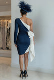 Black and White One Shoulder Bodycon Mini Dress With Bow