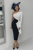 One Shoulder Black and White Midi Mother Of The Bride Dress With Sash