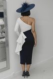 One Shoulder Black and White Midi Mother Of The Bride Dress With Sash