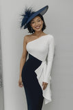 One Shoulder Black and White Midi Mother Of The Bride Dress With Sash
