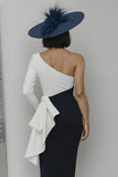 One Shoulder Black and White Midi Mother Of The Bride Dress With Sash