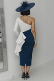 One Shoulder Black and White Midi Mother Of The Bride Dress With Sash
