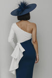 One Shoulder Black and White Midi Mother Of The Bride Dress With Sash