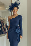 Navy One Shoulder Bodycon Midi Dress With Sash