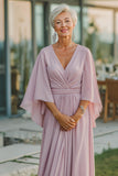 Dusty Rose A-Line V-Neck Chiffon Ruched Mother Of The Bride Dress