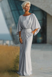 Silver Sheath Boat Neck Maxi Mother Of The Bride Dress