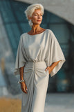 Silver Sheath Boat Neck Maxi Mother Of The Bride Dress