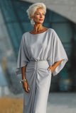 Silver Sheath Boat Neck Maxi Mother Of The Bride Dress