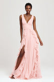 Pink Ruffled A-Line V-Neck Maxi Dress With Slit