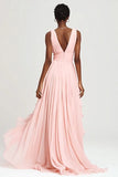 Pink Ruffled A-Line V-Neck Maxi Dress With Slit
