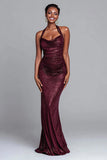 Glitter Burgundy Halter Ruched Mermaid Formal Dress
