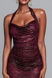 Glitter Burgundy Halter Ruched Mermaid Formal Dress
