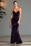 Purple Spaghetti Straps Sheath Velvet Formal Dress