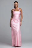 Pink Satin Halter Sheath Long Formal Dress