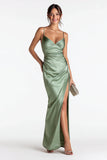 Sage Green Sheath Satin Formal Dress With Slit