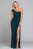 Dark Green Sheath One Shoulder Ruched Formal Dress With Slit
