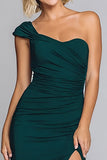 Dark Green Sheath One Shoulder Ruched Formal Dress With Slit