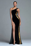 Black Sheath Sequin One Shoulder Formal Dress With Slit