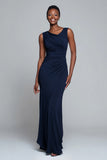 Navy Sheath Sleeveless Ruched Long Formal Dress