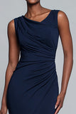 Navy Sheath Sleeveless Ruched Long Formal Dress