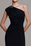 One Shoulder Maxi Black Tie Dress With Beading