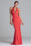 Watermelon Halter Ruched Mermaid Long Formal Dress