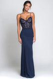 Navy Spaghetti Straps Corset Sheath Formal Dress with Lace Appliques