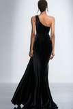 One Shoulder Velvet Sequin Mermaid Black Tie Dress With Slit