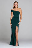 One Shoulder Dark Green Sheath Formal Dress With Slit