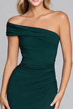 One Shoulder Dark Green Sheath Formal Dress With Slit