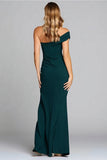 One Shoulder Dark Green Sheath Formal Dress With Slit