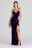 Purple Spaghetti Straps Sheath Velvet Ruched Formal Dress With Slit
