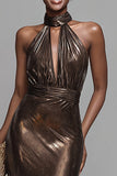 Metallic Brown Sheath Halter Ruched Long Formal Dress