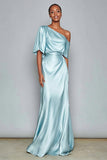 Light Blue Sheath Off The Shoulder Satin Formal Dress