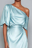 Light Blue Sheath Off The Shoulder Satin Formal Dress