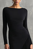 Black Pleated Mermaid Bateau Neck Formal Dress with Long Sleeves