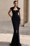 Mermaid Cap Sleeve Long Black Tie Dress With Slit