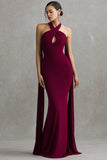 Burgundy Mermaid Halter Long Formal Dress with Sash