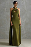 Olive Halter Sheath Long Formal Dress With Sash