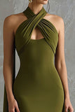 Olive Halter Sheath Long Formal Dress With Sash