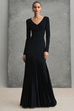 Black Pleated V-Neck Maxi Dress with Long Sleeves