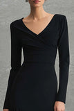 Black Pleated V-Neck Maxi Dress with Long Sleeves