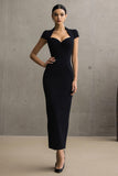 Sheath Black Semi-Formal Dress with Cap Sleeves