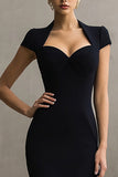 Sheath Black Semi-Formal Dress with Cap Sleeves