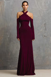 Sheath Halter Burgundy Evening Dress with Long Sleeves